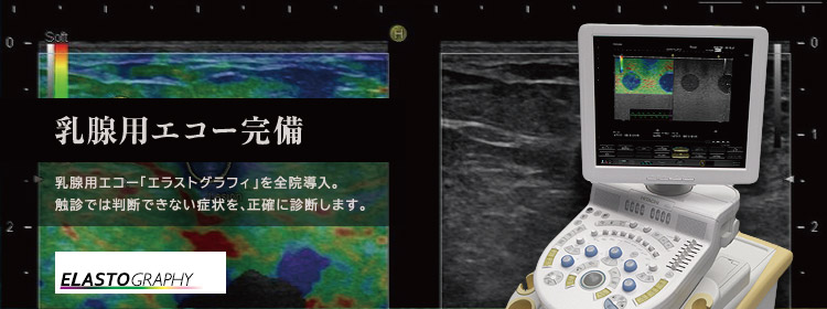最新乳腺用エコー完備 乳腺用エコー「エラストグラフィ」を全院導入。 触診では判断できない症状を、正確に診断します。