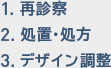 1.再診察／2.処置・処方／3.デザイン調整